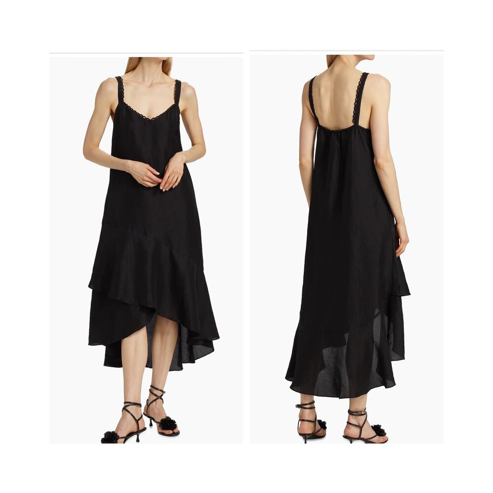 Kobi Halperin Midi Dress Aubrey Black Linen Blend High Low